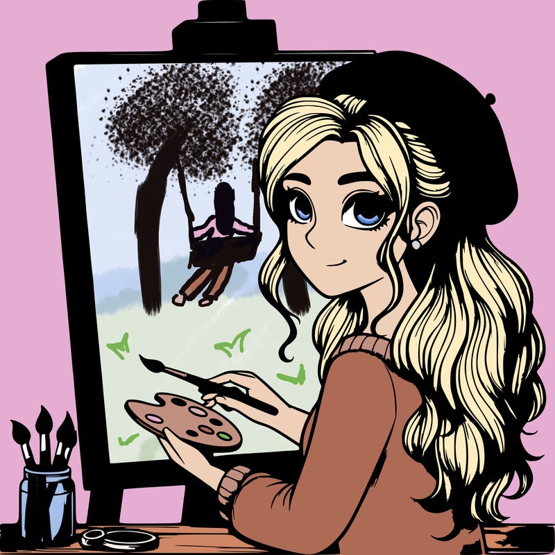 realistic girl artist painting a blank canvas