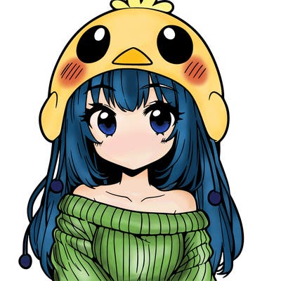 anime girl with chick shaped hat with sweater with bare shoulders with bangs covering them one eye with low tail
