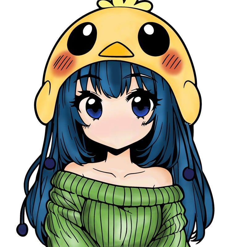 anime girl with chick shaped hat with sweater with bare shoulders with bangs covering them one eye with low tail