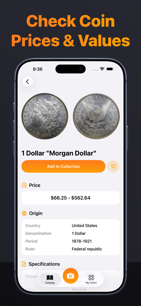 Coin Identifier AI - CoinPal - Mobile app screen showing the estimated market value and historical data of a US Morgan Dollar coin
