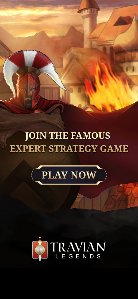 Guerriero spartano in piedi davanti a un'antica città in fiamme con un testo che promuove Travian Legends come un gioco di strategia esperta