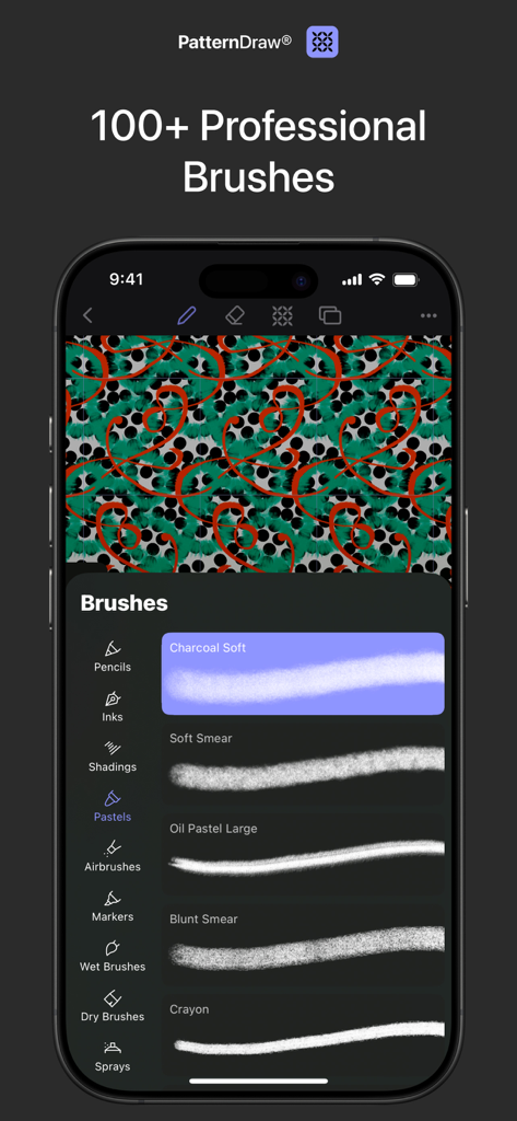 Interface of the PatternDraw app showing a list of professional drawing brushes for digital design