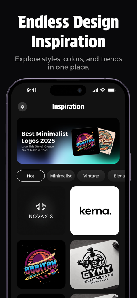 LookA Logo: Custom Logo Maker - Mobile app screen showing various logo design styles like minimalist and vintage for brand inspiration