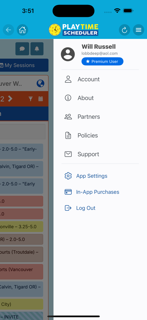 Side menu in the PlayTime Scheduler app showing user profile and account settings