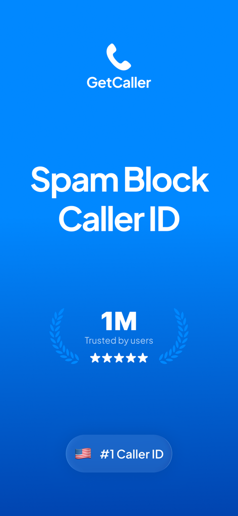 GetCaller app interface showing spam blocking and caller ID features with a five star rating and one million trusted users