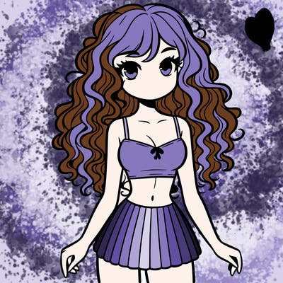 crop top girl with very short skirt and curly long hair