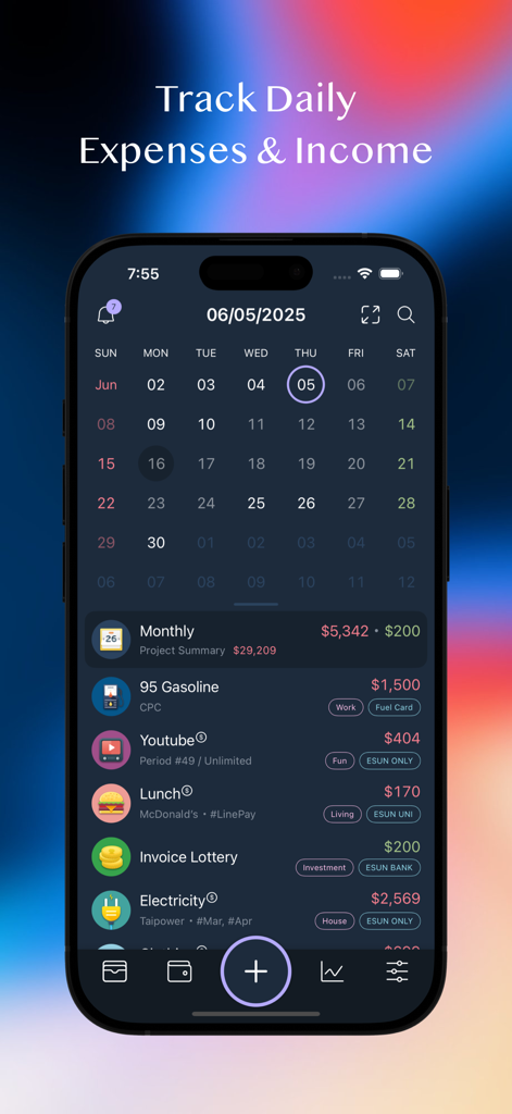 MOZE - Interfaz de la aplicación MOZE en un iPhone que muestra una vista de calendario y una lista de gastos diarios y transacciones de ingresos.