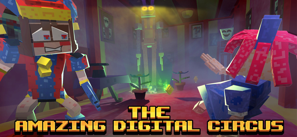 Crafty Amazing Digital Circus - Blocky characters Pomni and Ragatha in a spooky digital circus environment