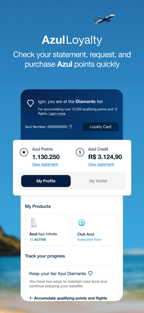 Azul app loyalty dashboard showing points balance and user membership tier