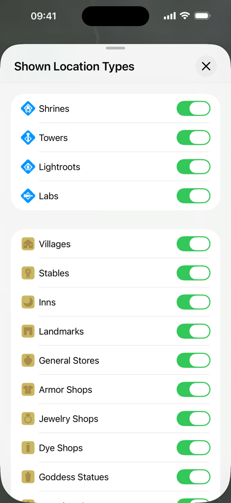TotK Travel Guide - A list of toggle switches for various map locations like shrines towers and villages