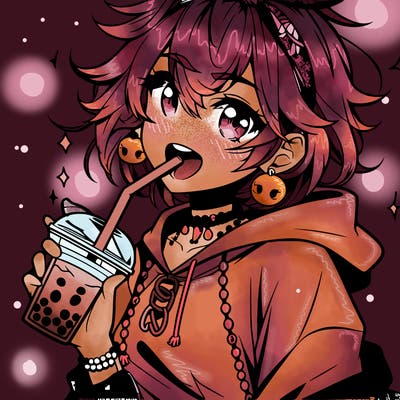hot baddie anime girl drinking boba and biting the straw