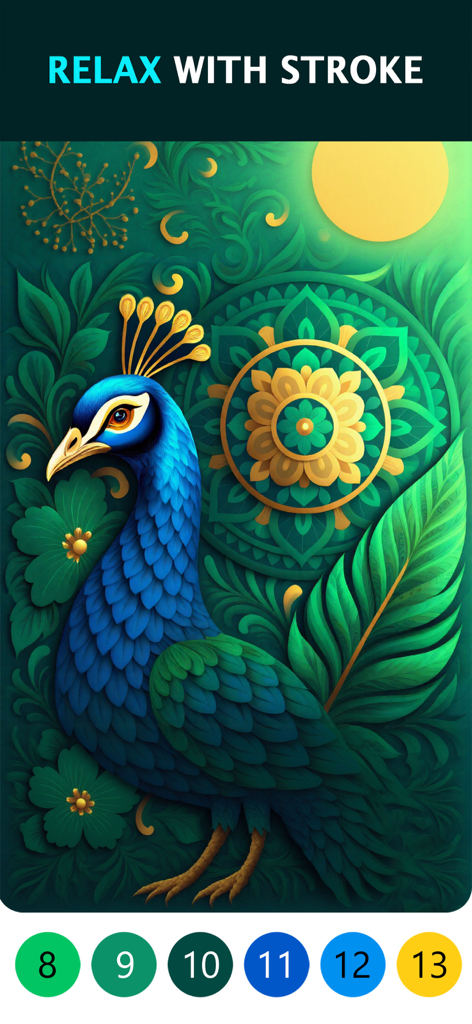 Página para colorear digital vibrante de un pavo real azul con fondo de mandala y paleta numerada