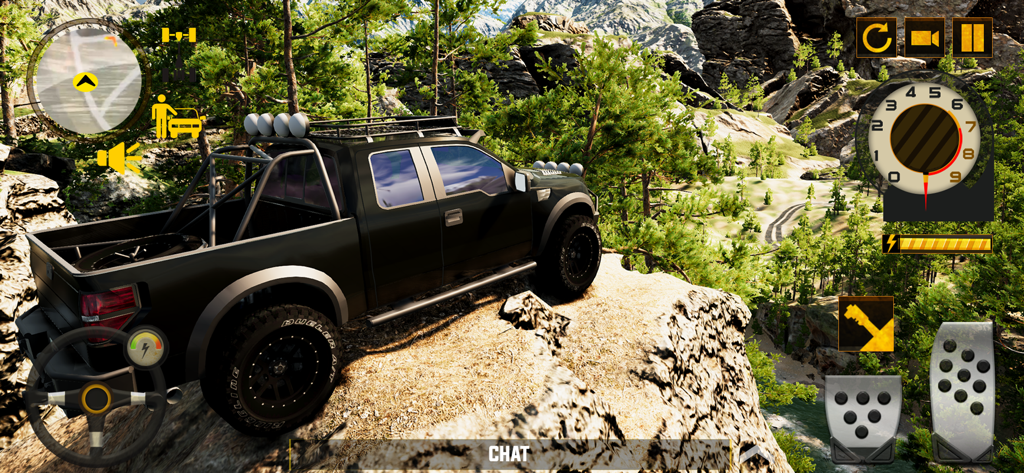 Gameplay screenshot showing a black 4x4 pickup truck on a rocky cliff in Offroad Car Simulator 2024