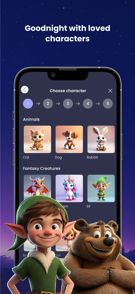AI Storyteller app screen for choosing story characters like animals and fantasy creatures