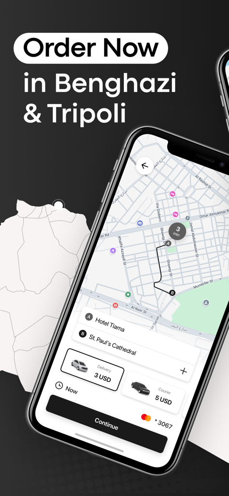 Wasila - Wasila ride hailing app interface showing a map route and service prices on a smartphone