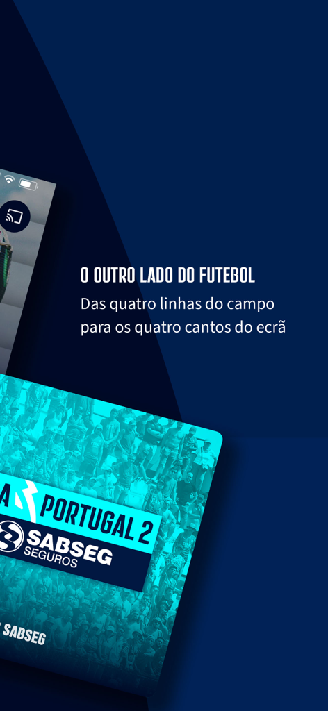 LIGA TV - Pantalla promocional de la aplicación LIGA TV con la Liga Portugal 2 y temática de fútbol portugués