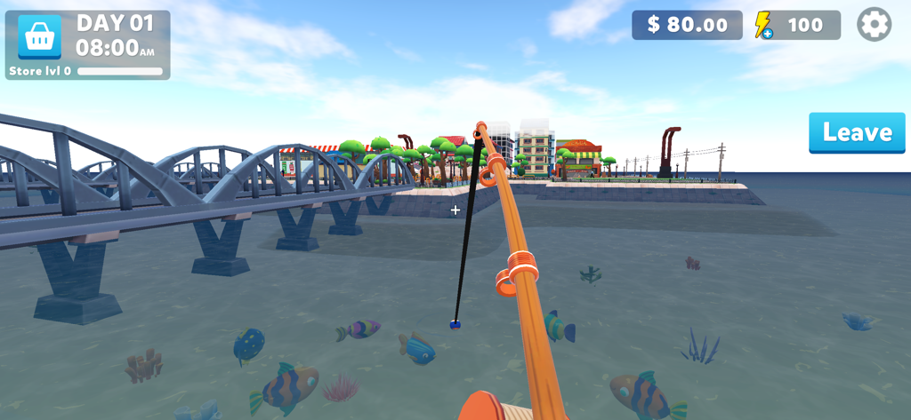 Dreamy Town - Vista en primera persona de la pesca en Dreamy Town con una caña naranja y peces de colores bajo el agua cerca de un puente azul