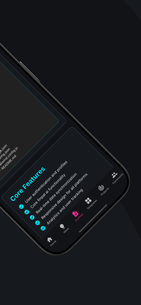 Vibe Coding Toolkit - Uma captura de tela móvel mostrando a seção de esboço do projeto do aplicativo Vibe Coding Toolkit com uma lista de recursos principais.