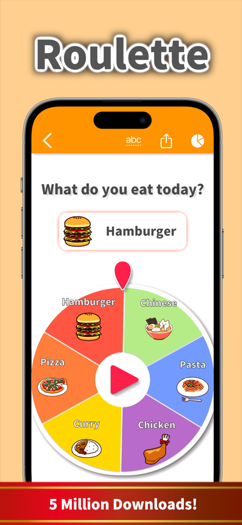 Une capture d'écran d'une application mobile d'une roue de roulette alimentaire colorée pour prendre des décisions de repas