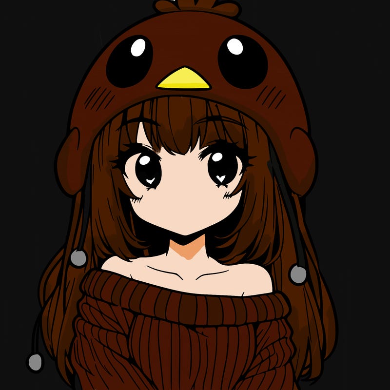 anime girl with chick shaped hat with sweater with bare shoulders with bangs covering them one eye with low tail