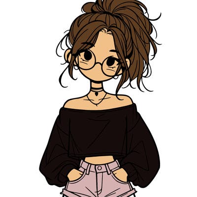 girl with a messy ponytail glasses a baggy crop top and jean shorts