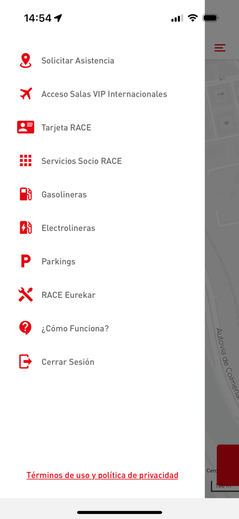 RACE SOS Asistencia - Menu principal de l'application RACE SOS Asistencia montrant des services tels que l'assistance routière, l'accès aux salons VIP et les localisations de stations-service.