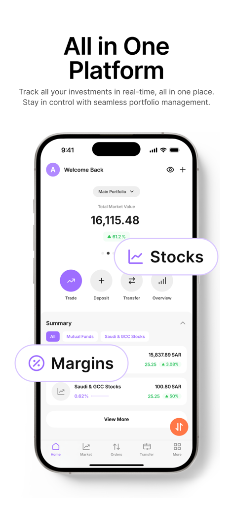 Derayah - Trade & Invest - Derayah app dashboard showing an all-in-one investment portfolio with stock market value and trading options