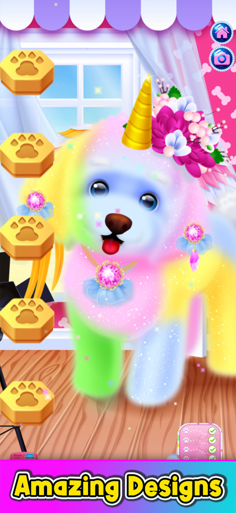 A rainbow colored puppy with a golden unicorn horn and floral crown