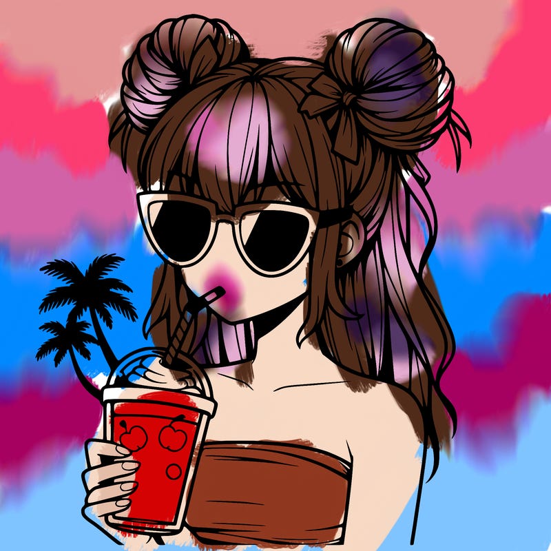 à manga girl with 2 hairbuns, palmtree shapes sunglasses and drinking a smoothy