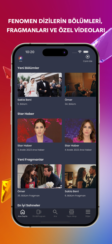 터키 시리즈 에피소드, 뉴스, 예고편을 보여주는 Star TV 모바일 앱 인터페이스