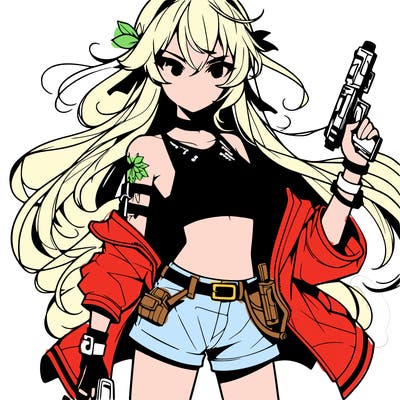 bad girl wearing crop top holding a gun long hair anime