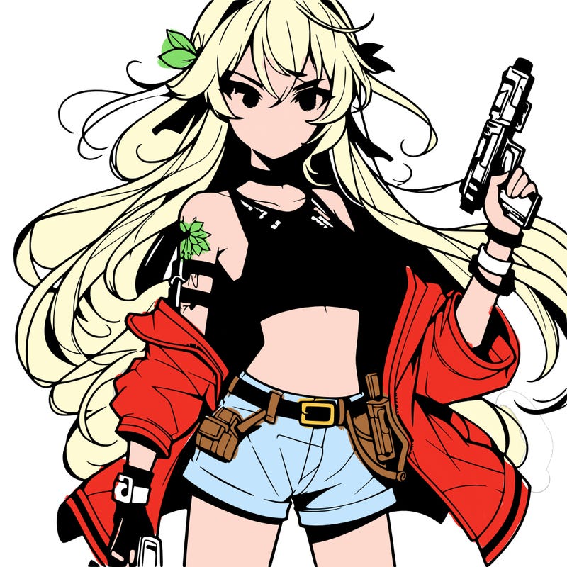 bad girl wearing crop top holding a gun long hair anime