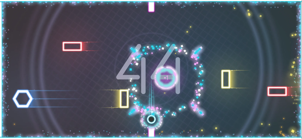 Ding Dong XL - Neon arcade gameplay of Ding Dong XL showing a score of forty four and glowing geometric obstacles.