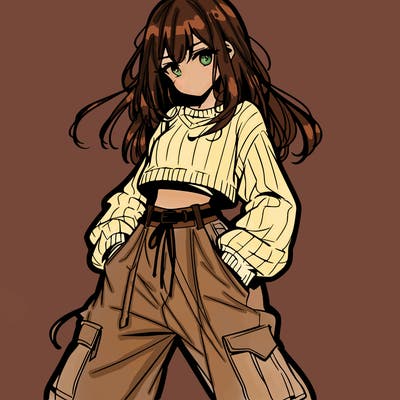 anime teen girl with baggy pants and crop top with sweater