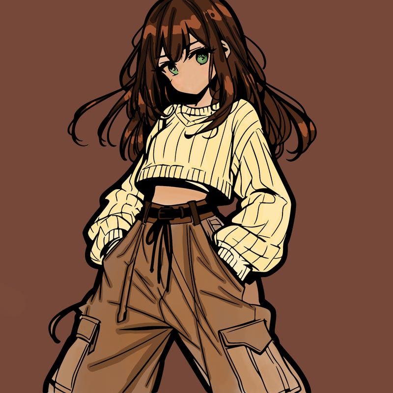 anime teen girl with baggy pants and crop top with sweater