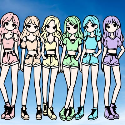 a group of girls wearing crop tops and shorts