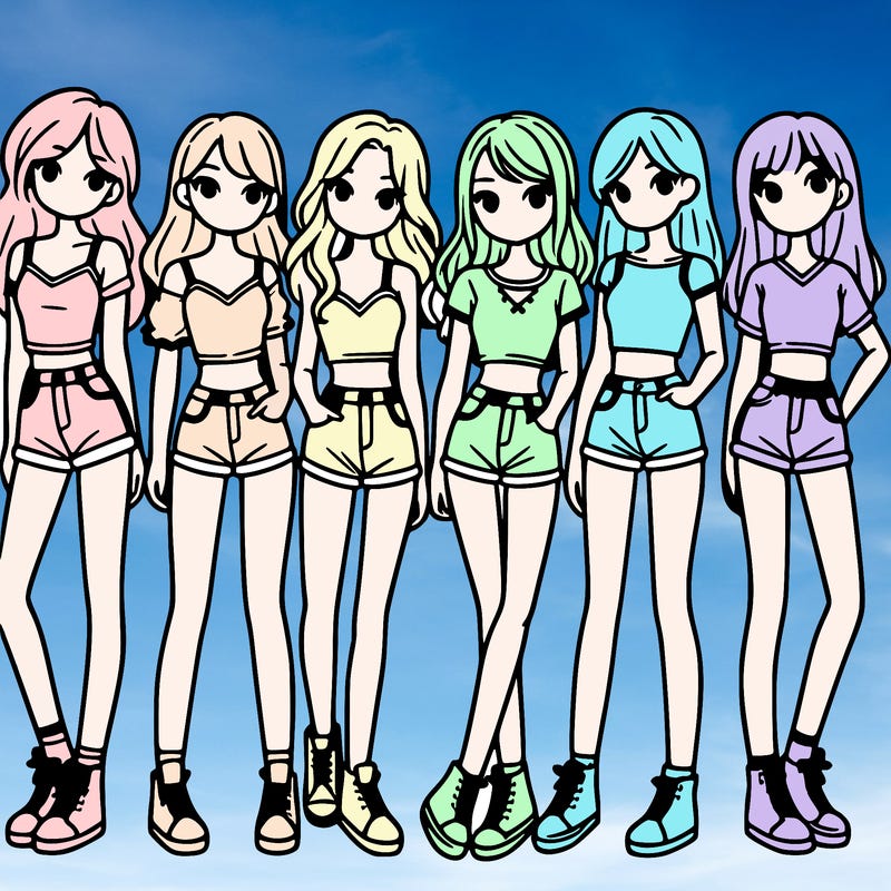 a group of girls wearing crop tops and shorts