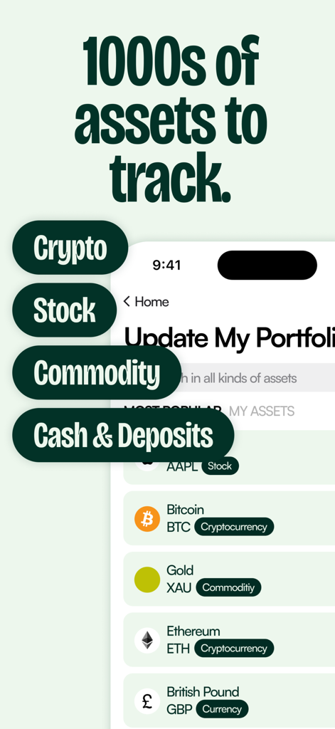 One: Portfolio & Stock Tracker - Mobile app interface showing a list of trackable assets including Apple stock Bitcoin gold Ethereum and British Pound
