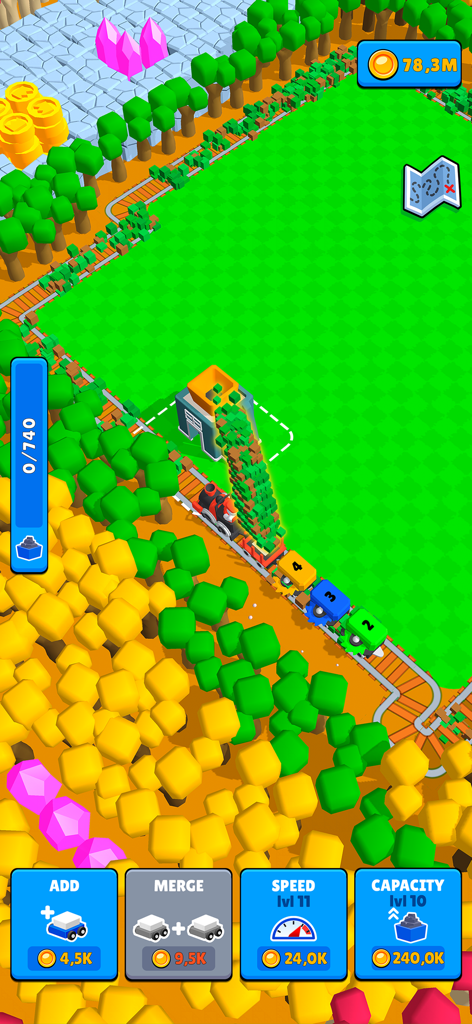 Um comboio colorido a recolher blocos de recursos numa paisagem de floresta voxel com botões de atualização na parte inferior