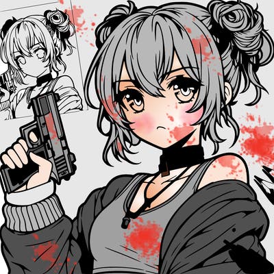 teenage anime girl baddie in a messy bun holding a gun