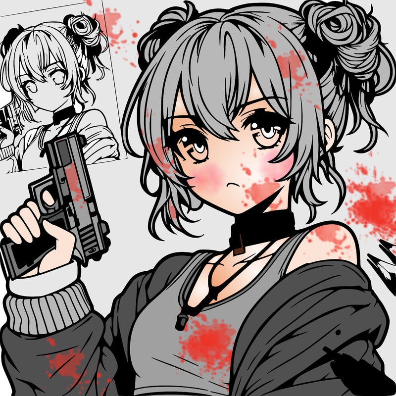 teenage anime girl baddie in a messy bun holding a gun