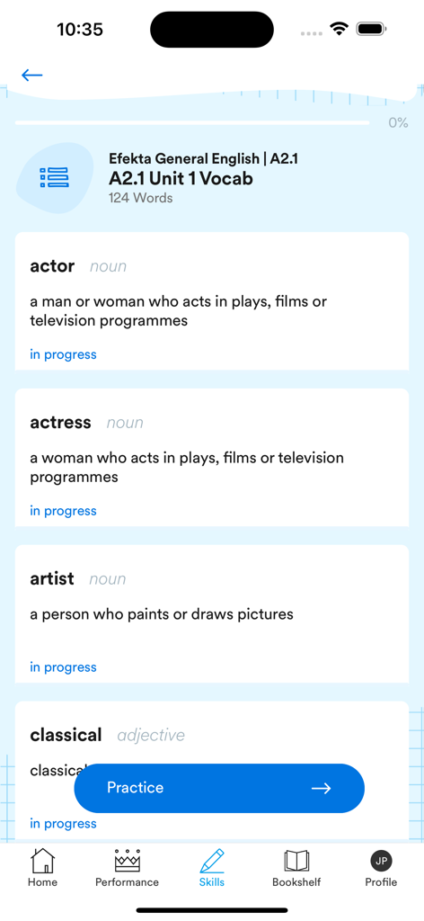 A vocabulary learning screen in the EF Campus Learning app showing English word definitions and a practice button