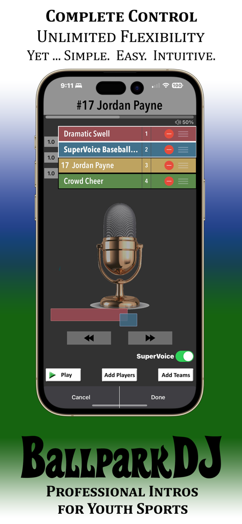 Smartphone screen showing the BallparkDJ app interface for creating custom youth sports walkout introductions with professional voice and music layers