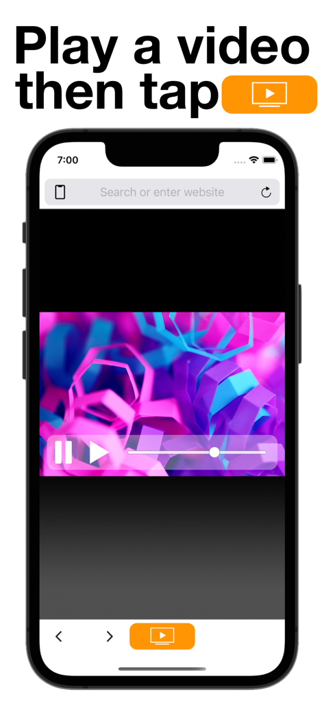 T Cast - Tela do iPhone mostrando um vídeo sendo reproduzido no navegador da web T Cast com instruções para tocar no botão laranja para transmitir