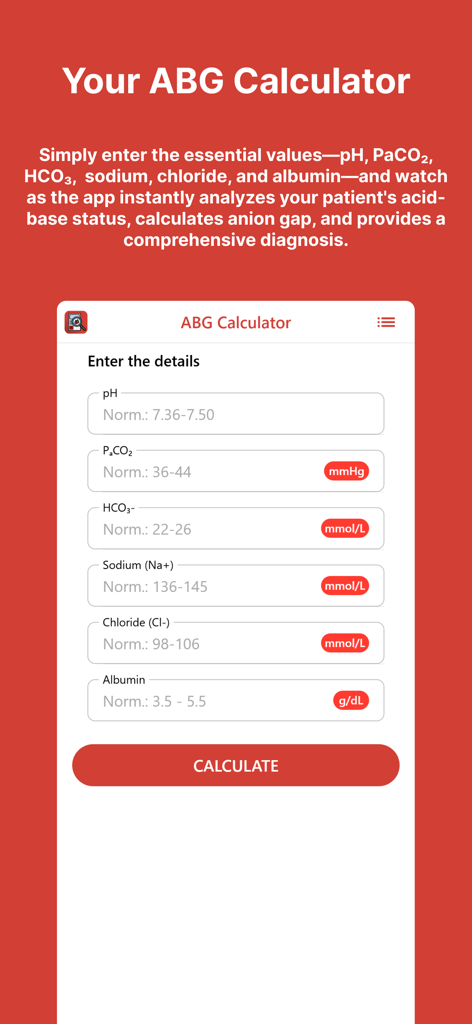 ABG Calculator - ABG Calculator app input screen for arterial blood gas analysis