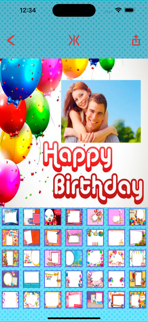 Happy birthday photos frames - Interfaz de smartphone de una aplicación de marcos de fotos de cumpleaños con una pareja en un marco festivo y múltiples opciones de diseño