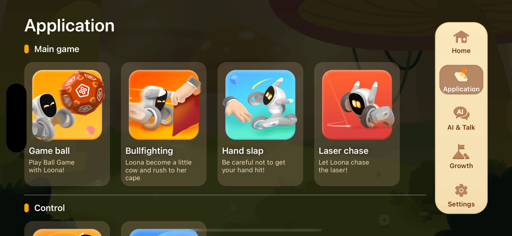 Hello Loona - Interfaz de la aplicación Hello Loona que muestra juegos interactivos de robots como juego de pelota y persecución láser