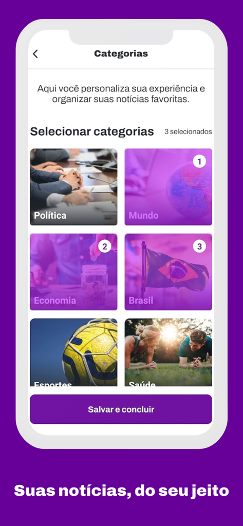 Vivo News - Tela de seleção de categoria do aplicativo Vivo News para personalizar o conteúdo de notícias