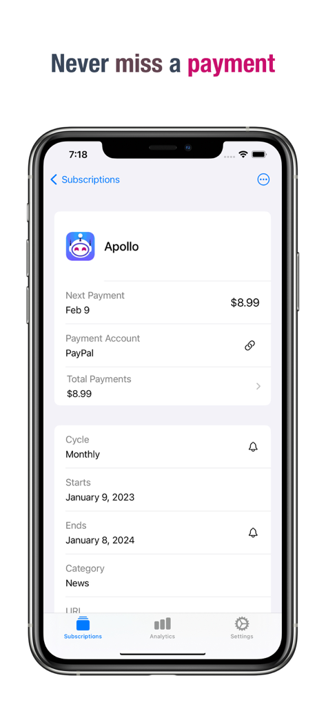 Subscriptions - Track Expenses - Smartphone screen displaying details for a monthly subscription including price and next payment date