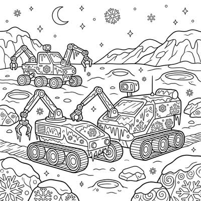 Embark on an epic winter journey to the moon with this unique coloring page featuring advanced lunar rovers. Add vibrant colors to a frosty alien landscape filled with snow, ice, and scientific discovery.